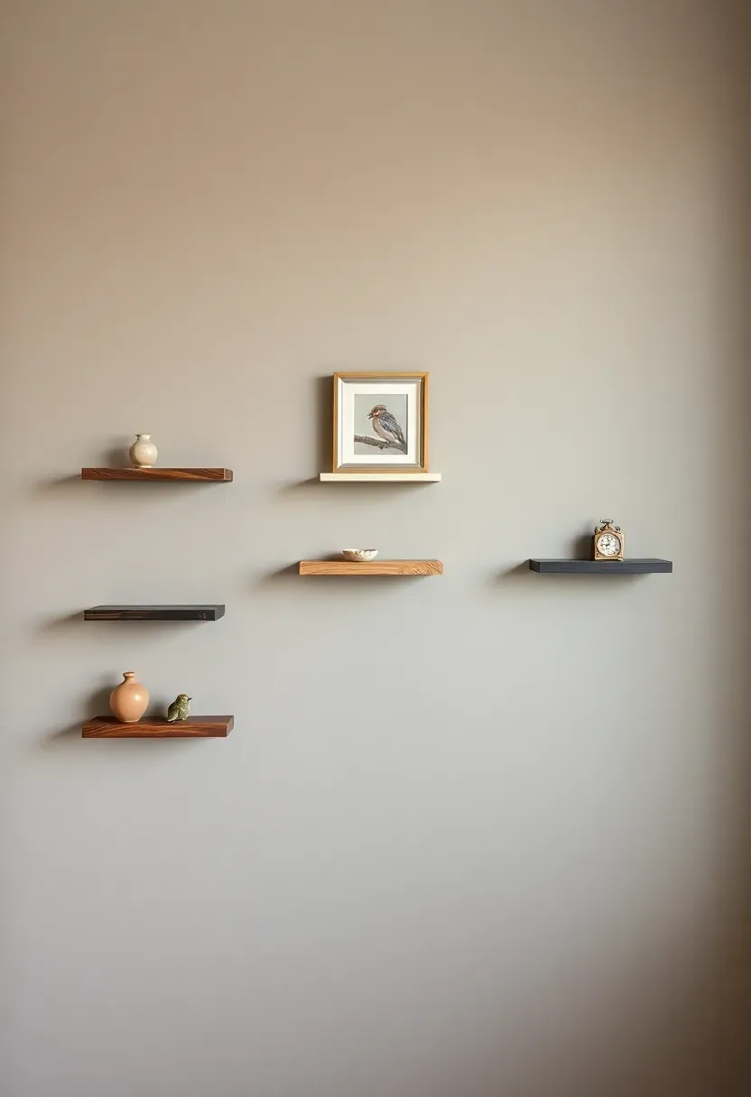 Gallery wall arrangement of multiple small antique floating ledges displaying framed artwork, small mirrors, and vintage objects in an eclectic composition