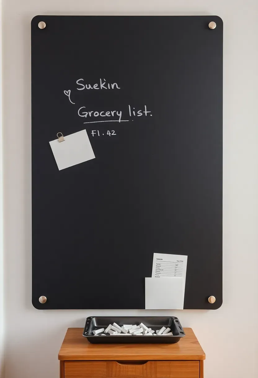 Dark slate magnetic chalkboard with handwritten list and magnets holding postcards on white wall in apartment entryway
