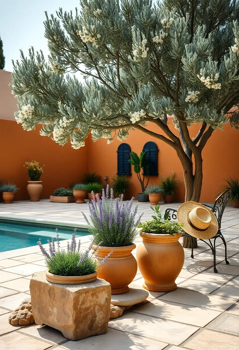 Mediterranean-style pool area with travertine pavers, terracotta pots of lavender, a mature olive tree, and ochre stucco walls