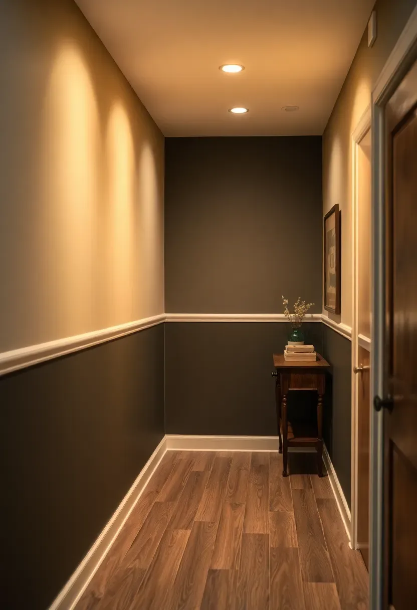 Basement hallway with two-tone paint scheme divided horizontally with darker lower half and lighter upper portion
