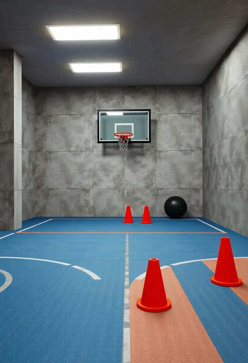 Basement area with sport court tile flooring, a wall-mounted adjustable basketball hoop, agility cones, and a medicine ball on the floor