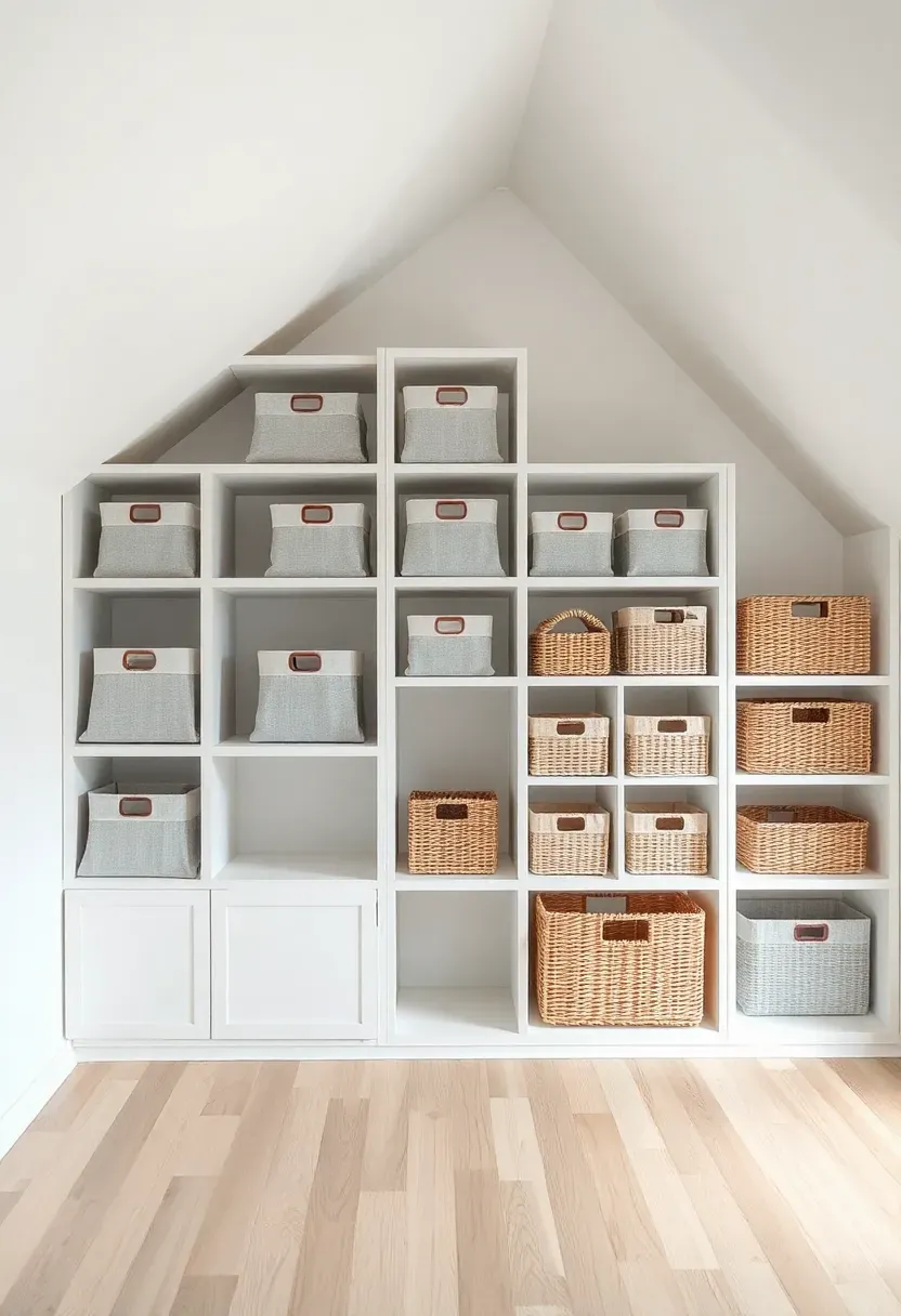 double hanging rod configuration in attic closet, upper rod with shirts and lower rod with folded pants, white interior