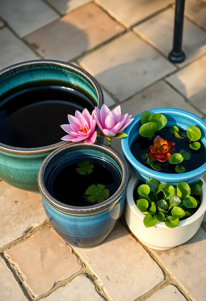 Cluster of glazed ceramic containers on a patio used as water gardens with dwarf water lilies and floating lettuce