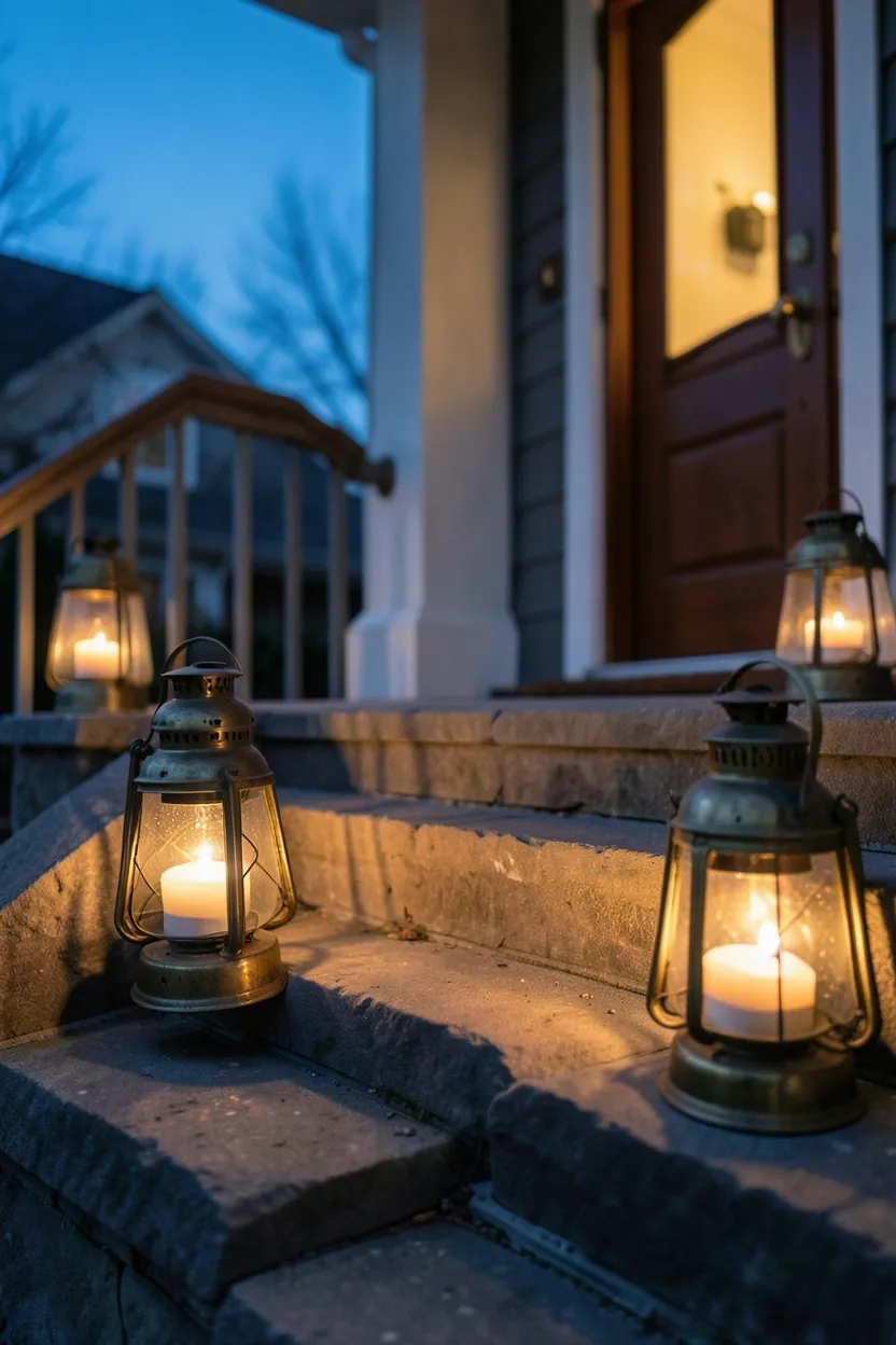 Hyper-realistic slightly elevated photograph of a fall front porch at dusk with vintage metal lanterns in brass and galvanized finishes positioned on alternating steps, each containing warm LED candles. Materials: weathered brass patina, seeded glass lantern panels, warm candle glow, stone porch steps, front door visible with warm illumination. Twilight blue sky background with warm porch glow, gentle shadows on steps. Elegant inviting atmosphere. Shallow depth of field, sharp details on lantern details, balanced composition showing path to front door. No text, no logos, no watermarks.</p>