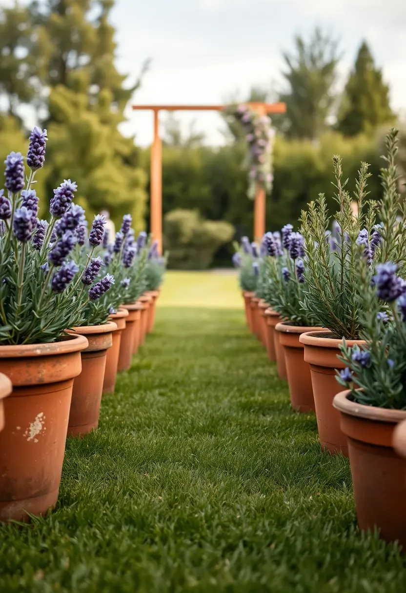 A grass ceremony aisle lined with potted lavender and rosemary plants in terra cotta pots with a wedding arch visible at the end
