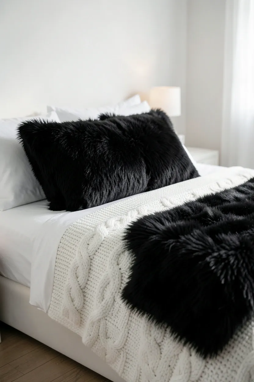 Layered monochrome bedroom bedding with waffle-weave white comforter, cable-knit black throw, and textured white pillows