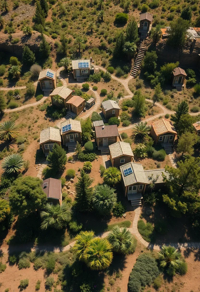 Hyper-realistic aerial view showing multiple tiny houses integrated into natural landscape with minimal environmental disruption, visible solar arrays, community gardens, and preserved natural areas between homes. Materials: tiny houses using sustainable materials like reclaimed wood and recycled metal, solar panels on roofs, permaculture landscaping with food plants, preserved trees and natural vegetation between homes, walking paths rather than roads. Bright natural daylight showing harmonious integration with nature. Shallow depth of field focusing on tiny house community integrated into landscape, showing how tiny houses model sustainable development. Sustainable future vision aesthetic. No text, no logos, no watermarks.</p>
