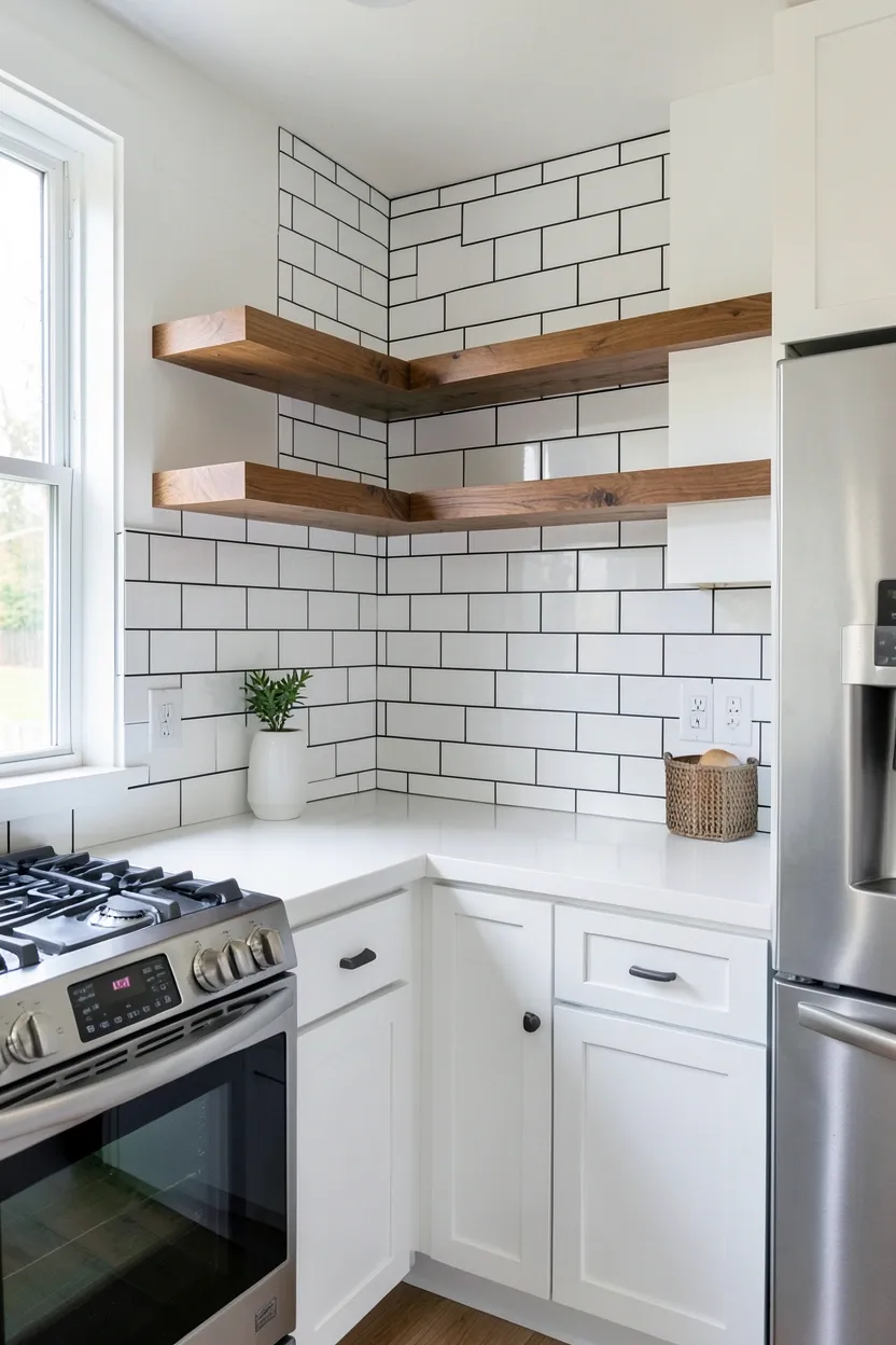 Black subway tile backsplash with wood floating shelf accent above kitchen stove — striking black and wood wall treatment