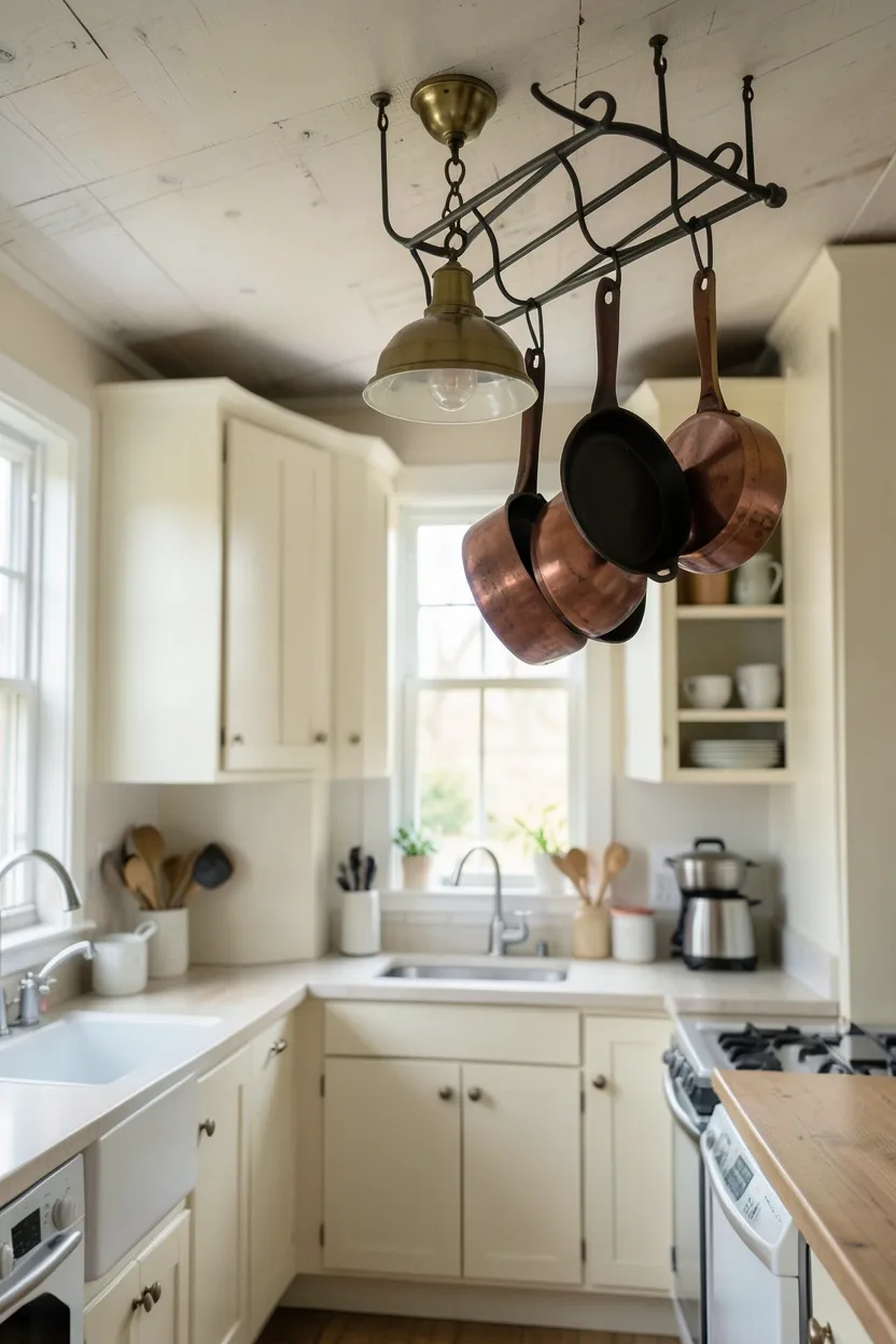 Wrought iron ceiling pot rack above a cottage kitchen island displaying copper and cast iron cookware — vertical storage solution