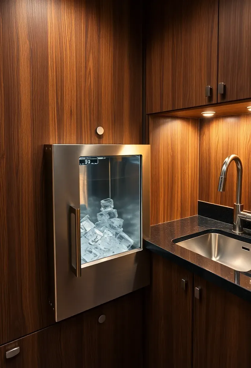 basement wet bar with a built-in undercounter clear ice maker beside the bar sink in a dark walnut cabinet run
