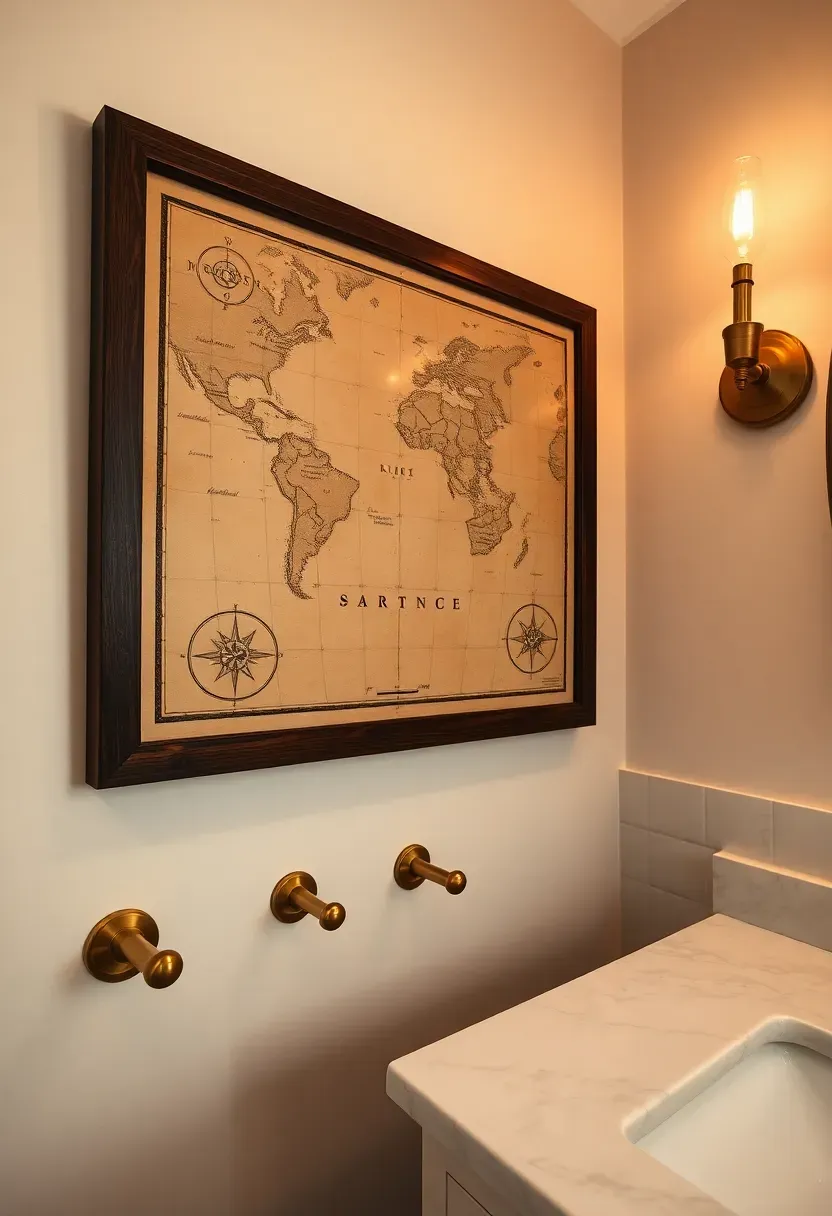 Framed vintage nautical map with aged parchment tones in a dark walnut frame hung on a bathroom wall beside brass fixtures