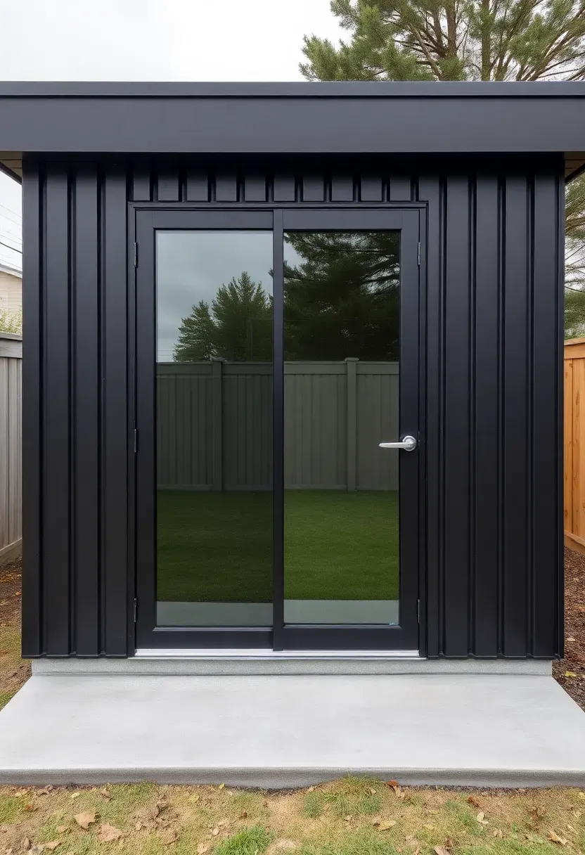 A sleek modern flat-roof shed with dark charcoal metal cladding and a single glass door reflecting a manicured lawn