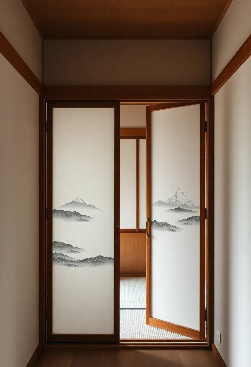 Hyper-realistic straight-on view of fusuma sliding doors in Japanese tiny house. White paper-covered panels with subtle mountain landscape design, natural wood grid, sliding on wooden track partially open to reveal tatami room beyond. Materials: rice paper with muted ink painting, cedar frame, tatami flooring visible through opening. Soft diffused daylight, highlighting paper texture and subtle artwork. Shallow depth of field showing fusuma surface details and wood grain. Tranquil Japanese interior mood with artistic fusuma.</p>