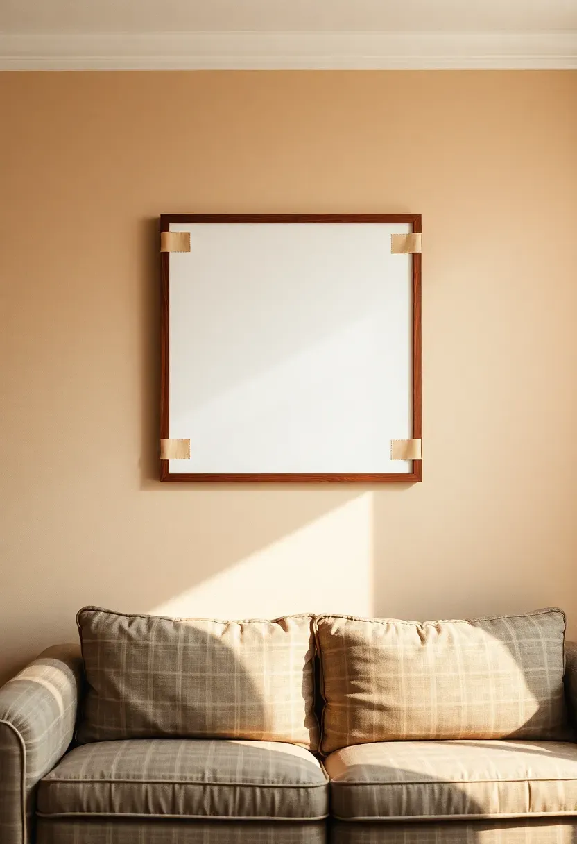 Single large framed abstract print hung at center of a warm greige living room wall — first anchor piece in place, remaining kraft paper templates still taped around it, sofa below