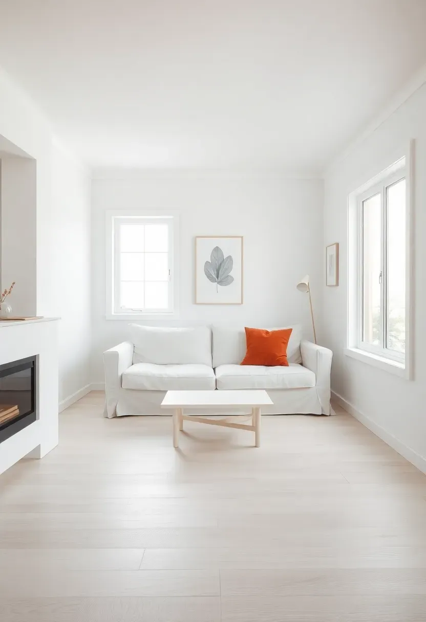 Hyper-realistic wide view of tiny house interior with monochromatic white-on-white scheme, showing white walls, white ceiling, white sofa, light white oak flooring, single terracotta accent pillow, minimal artwork, feeling of expansive seamless space, large window bringing natural light, absence of visual clutter. Materials: white painted surfaces, light oak floor, white linen upholstery, terracotta wool pillow, glass accents. Bright diffused natural light, soft shadows, minimalist composition emphasizing color continuity.</p>
