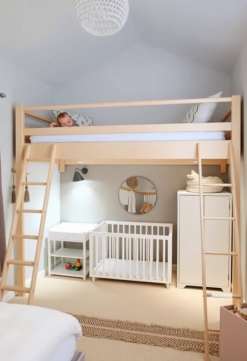 Elevated loft bed with complete nursery corner underneath featuring crib, changing area, and string lights in a small apartment bedroom