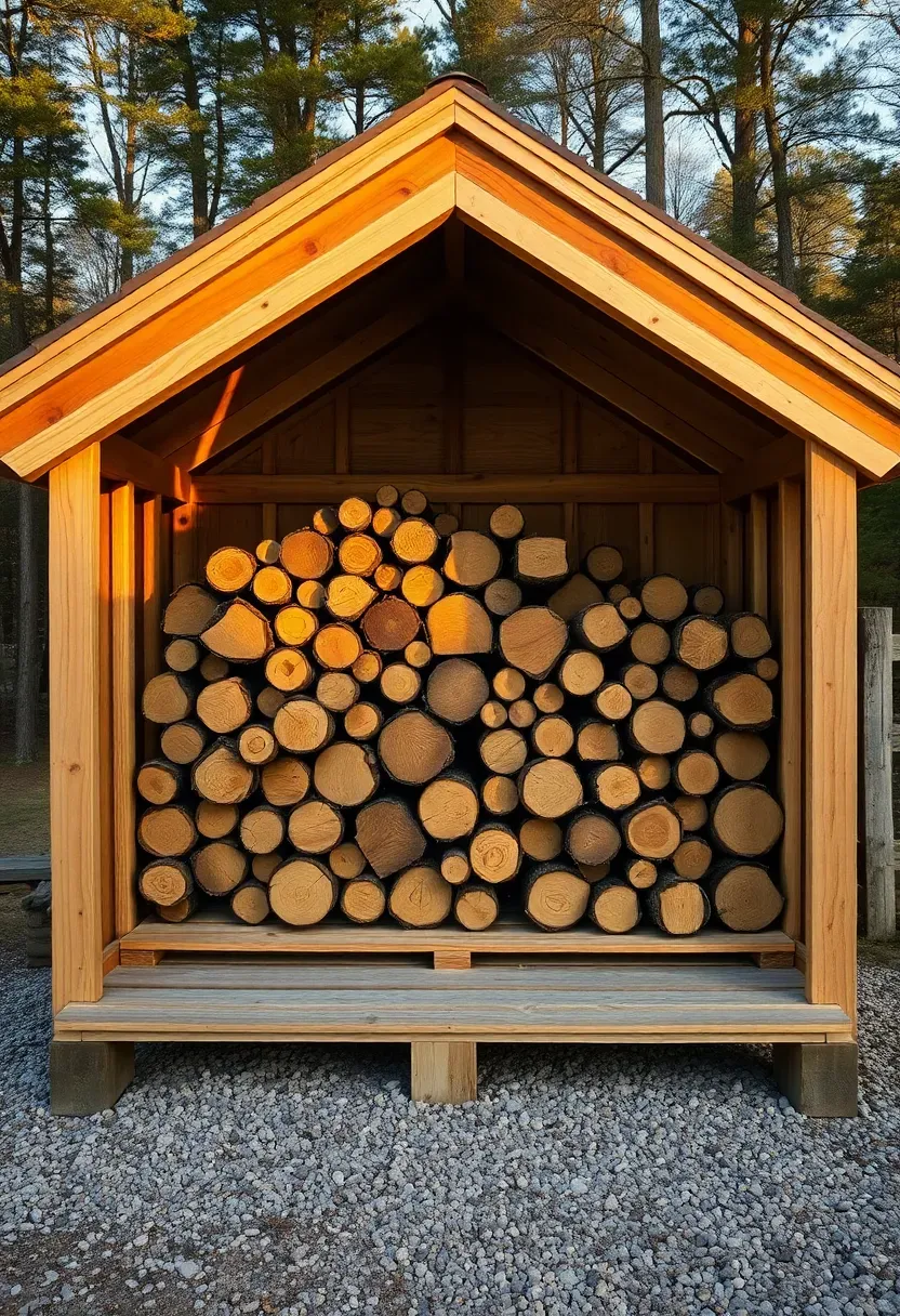 An open-front firewood storage shed with a peaked roof, stacked split hardwood logs filling the bays, and a gravel base
