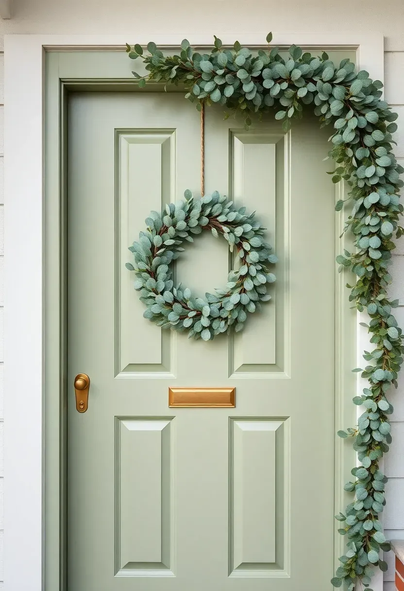 Front door with a lush eucalyptus wreath and asymmetric garland draped around the door frame
