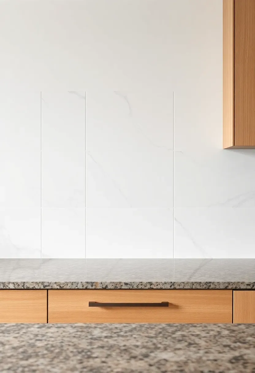 large format marble-look porcelain backsplash tile in a bright kitchen with fantasy brown granite island and light wood cabinets