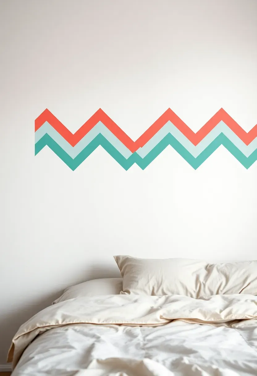 Washi tape headboard design in gold and coral geometric pattern above a teen bed — removable renter-friendly bedroom accent