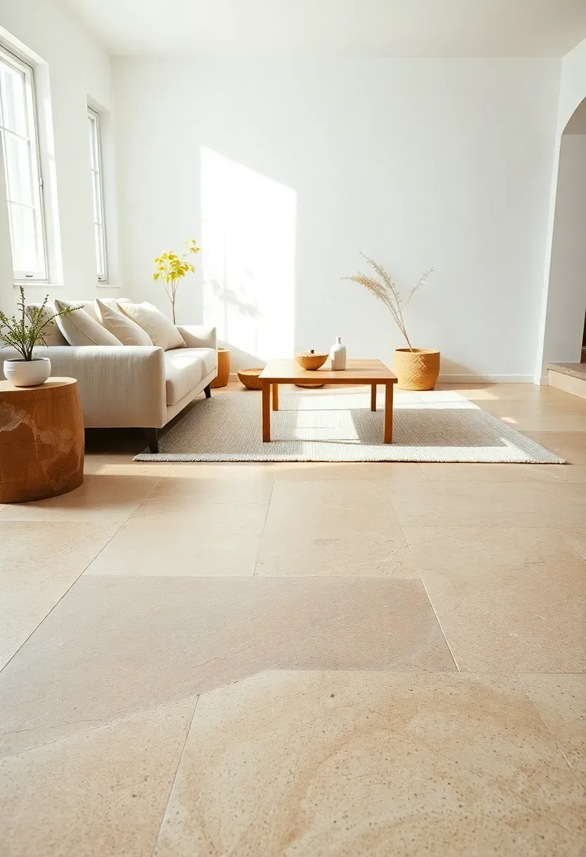 Hyper-realistic 3/4 view of minimalist living room with unpolished travertine stone flooring showing visible natural variations, fossils, and subtle texture in warm beige tones. Large wool rug in cream with subtle pattern under seating area. Linen sofa, light wood coffee table. White walls. Materials: natural travertine stone, wool rug, linen upholstery, light oak wood. Natural light from window, stone texture creating subtle shadows. Cool stone balanced by warm rug. Shallow depth of field, sharp details on stone surface. No text, no logos, no watermarks.</p>