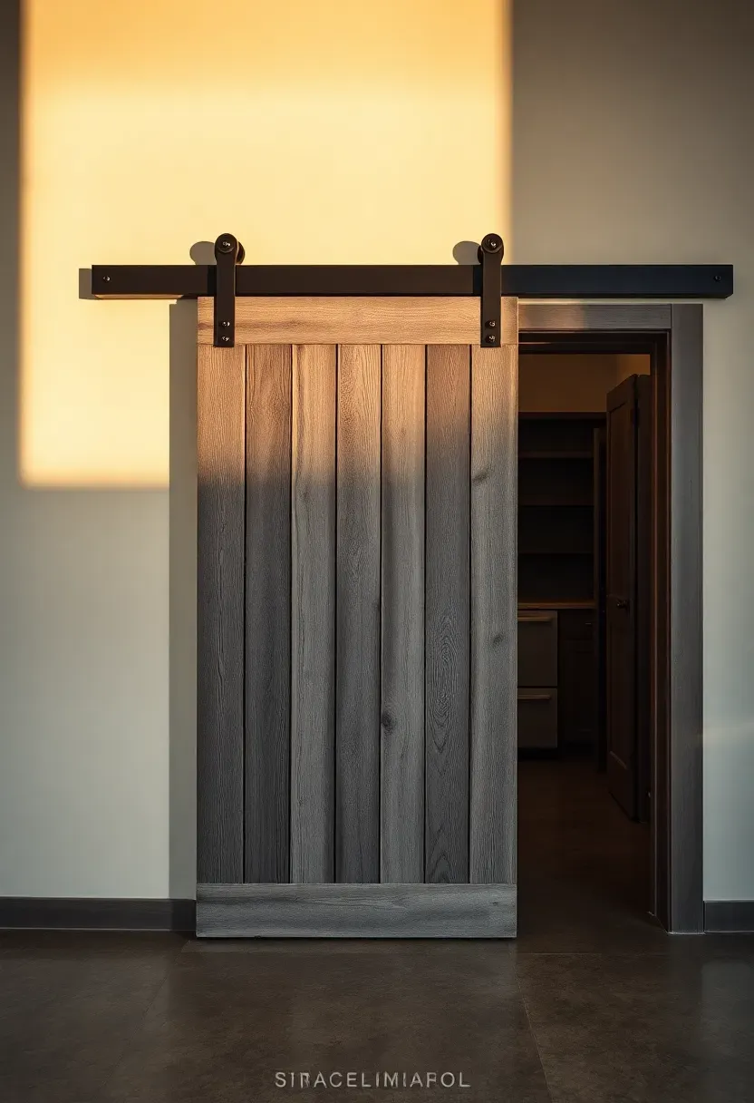 rustic sliding barn door pantry entrance in a barndominium kitchen