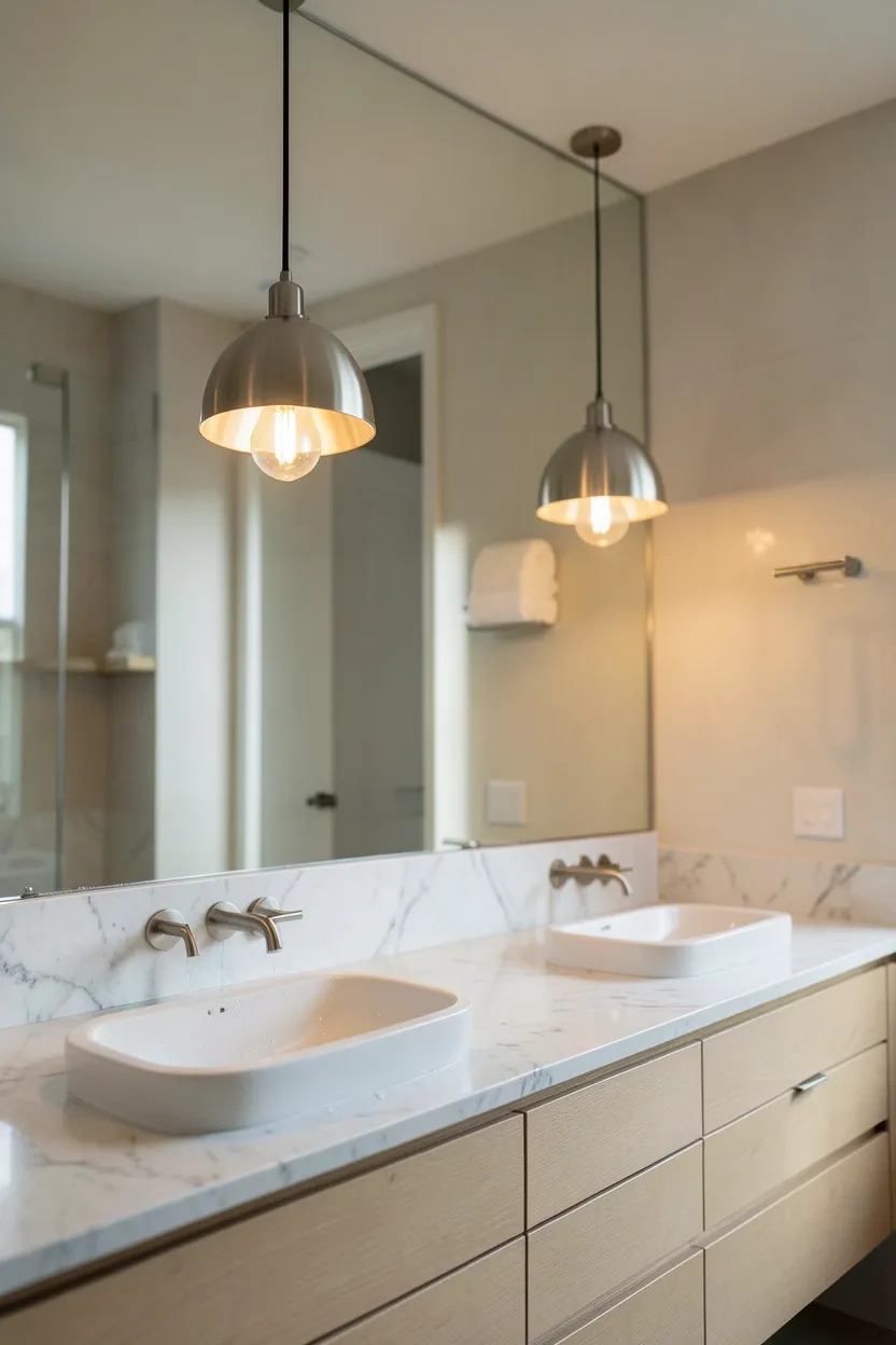 Brushed brass pendant lights hanging above a marble vanity in an elegant modern luxury bathroom