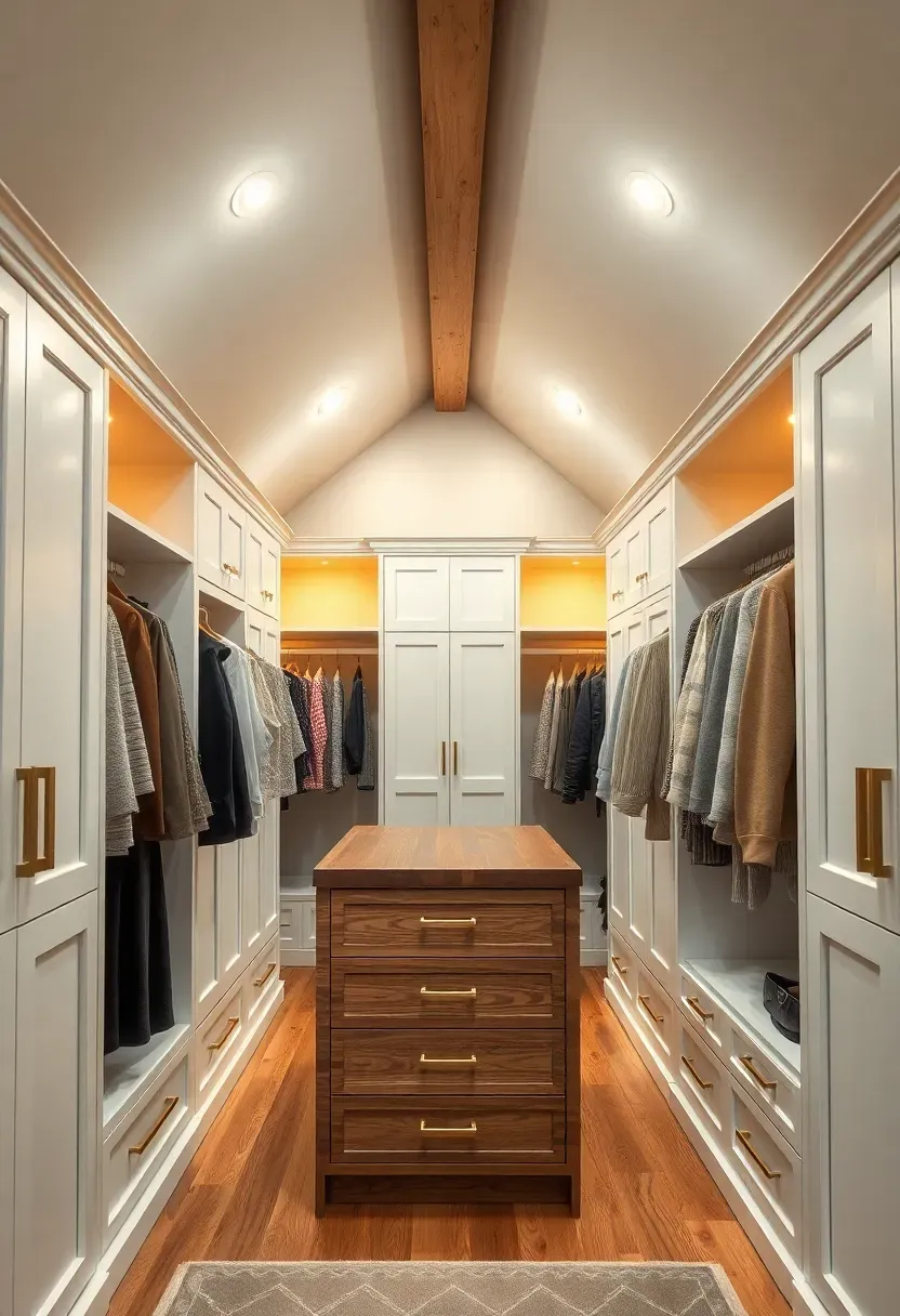 spacious walk-in attic wardrobe with custom white cabinetry, central island with drawers, and warm recessed lighting