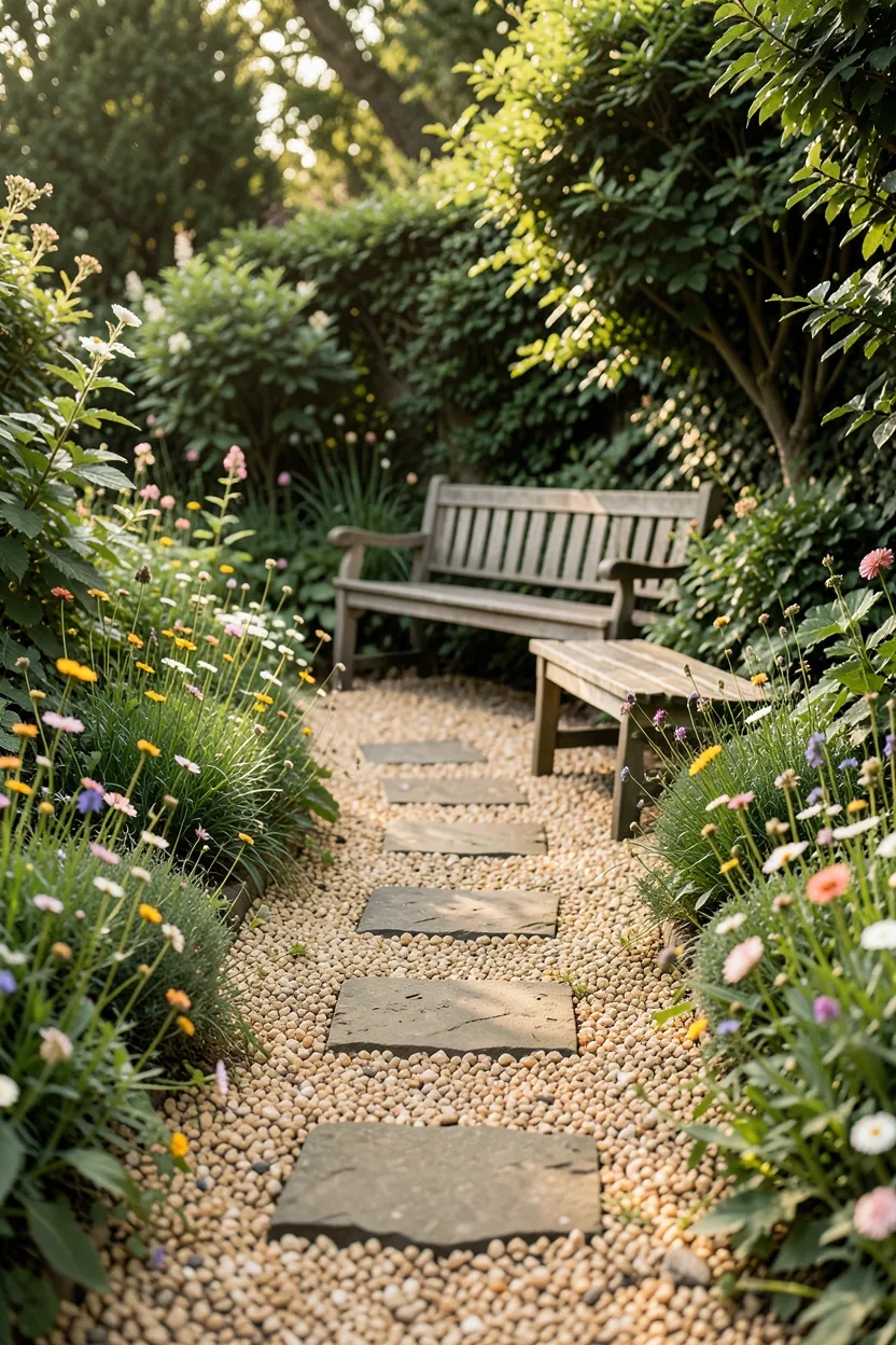 Pea Gravel Path Leading to Garden Seating
