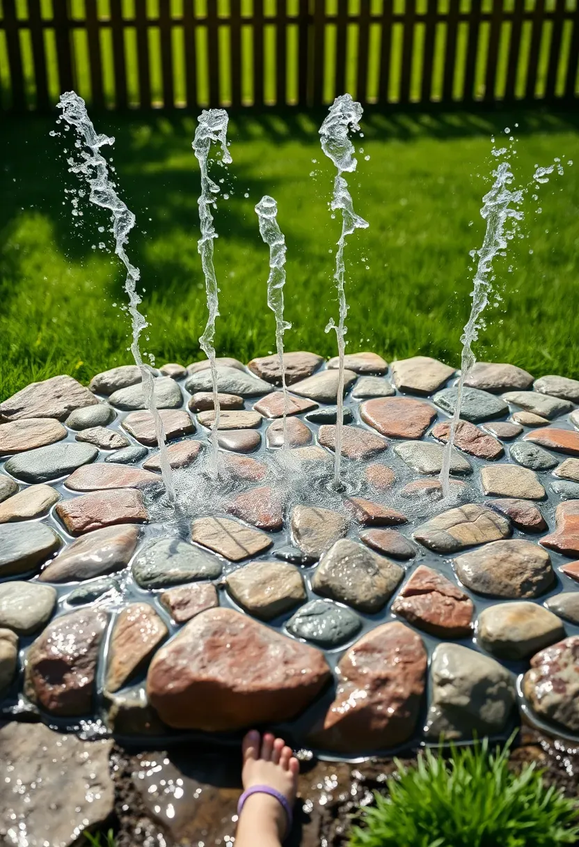 Colorful river rock splash pad with multiple small fountain jets spraying water upward in a flat backyard play area for children