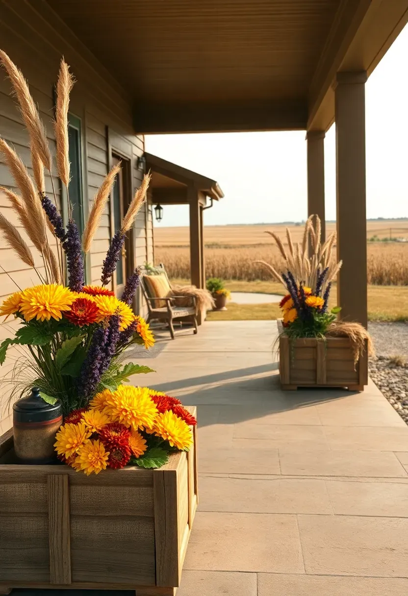 Hyper-realistic wide shot of a Prairie style front porch with harmonious fall decor. Weathered wood planters in wide, low profiles contain mums in gold, russet, and deep purple. Native grasses like big bluestem frame the arrangements. Dried elements spill over porch railings in horizontal extensions. Low-slung prairie architecture with strong horizontal lines. Natural stone porch floor. Wide overhangs and deep eaves. Soft golden afternoon light emphasizing horizontal character. Visible prairie landscape beyond. No text, no logos, no watermarks.</p>