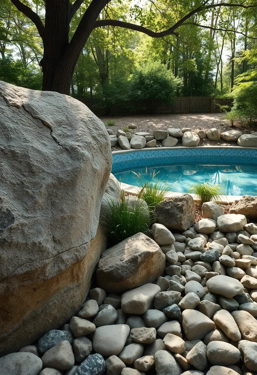 Hyper-realistic 3/4 view of above-ground pool surrounded by natural stone boulders and river rock landscaping. Materials: large weathered boulders in earthy gray and brown tones positioned partially against pool wall, smooth river rock ground cover in variegated tan and cream colors, dark pool framework barely visible behind stones. Soft dappled sunlight filtering through deciduous tree canopy above, creating organic shadow patterns across stone surfaces. Naturalistic pond-like mood showing plantings of ornamental grasses and ferns emerging between rocks. Pool water in calm aquamarine. Visible backyard context with wooded area beyond. No text, no logos, no watermarks.</p>
