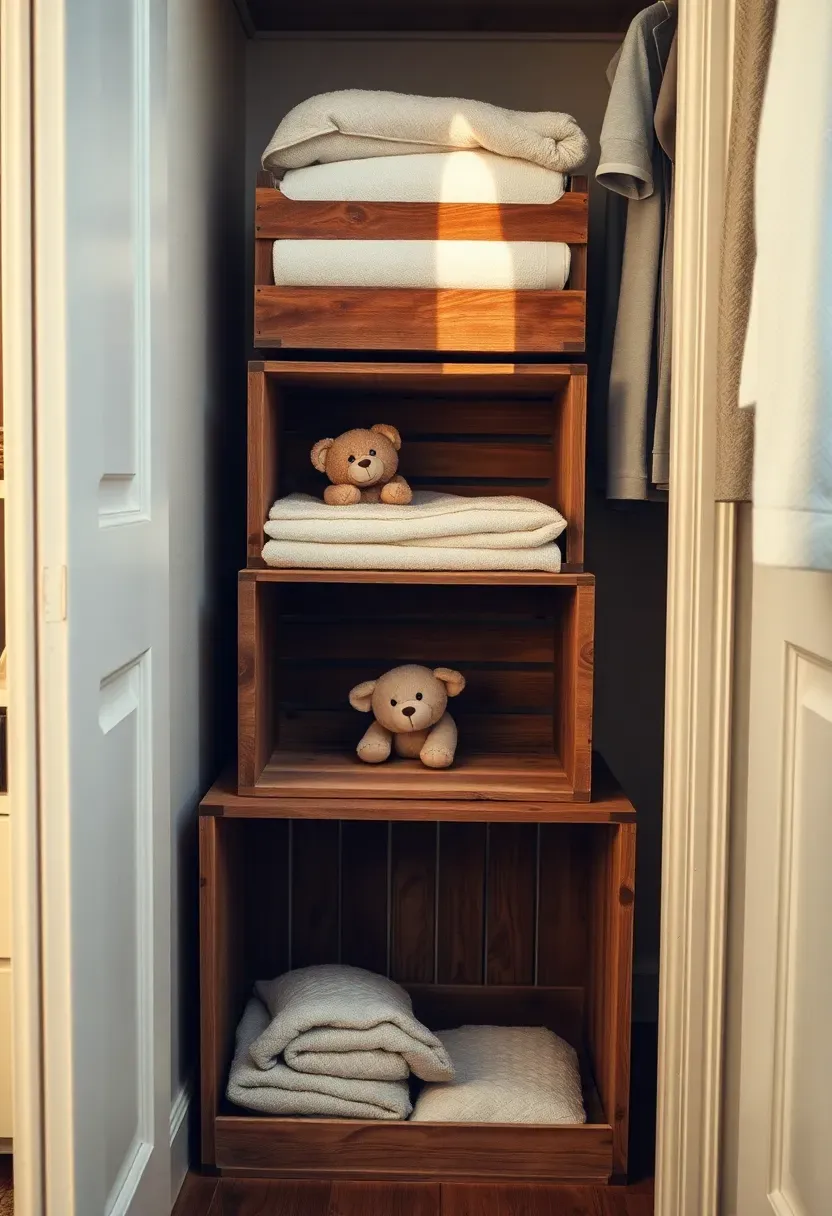 stacked vintage wooden crates inside a nursery closet holding blankets, toys, and folded baby clothes