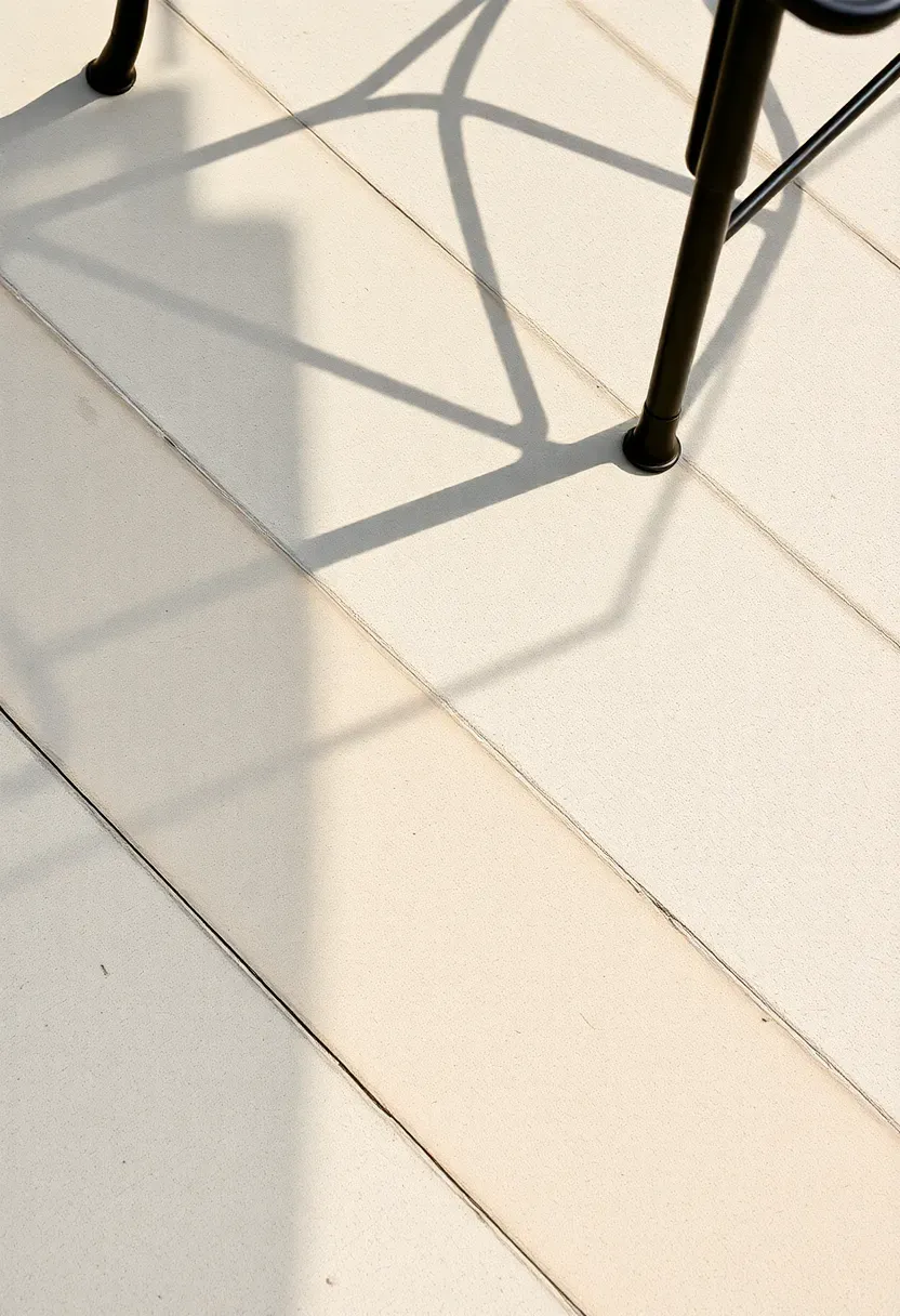 A concrete patio floor painted with a large-scale geometric diamond pattern in white and terracotta