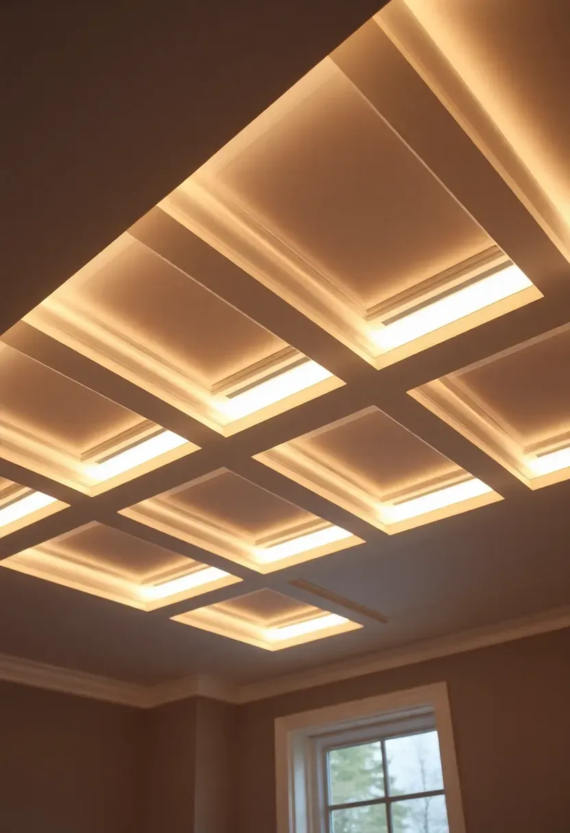 lightweight faux coffered ceiling panels in a basement family room adding architectural depth