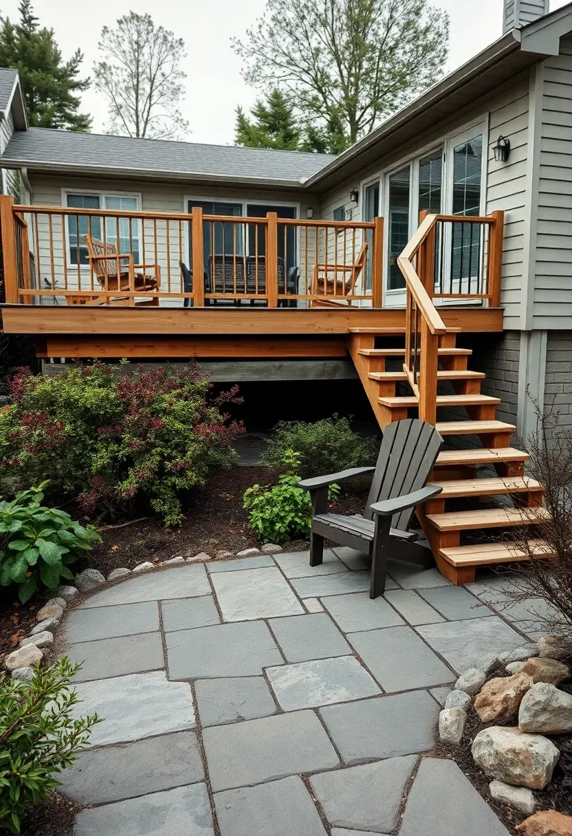 Two-level backyard with a raised composite deck off the house stepping down to a ground-level flagstone patio surrounded by native shrubs