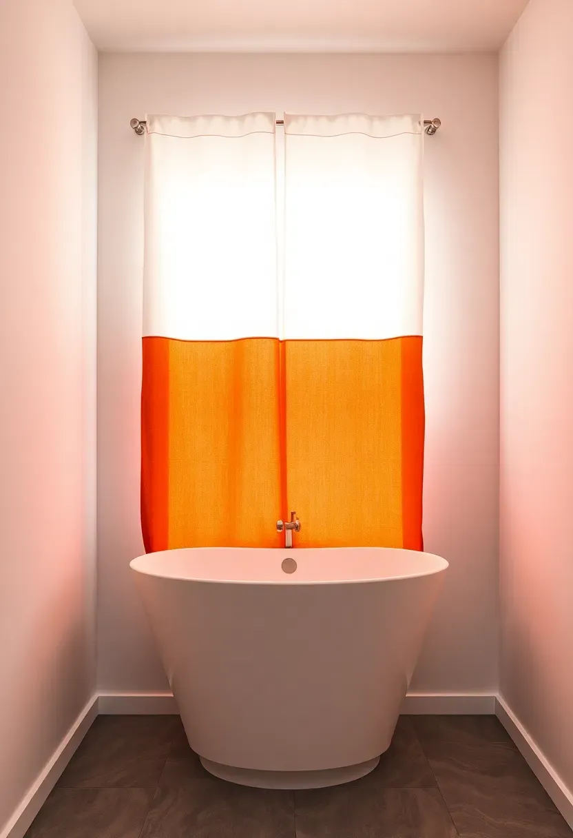 Modern bathroom window with color-blocked curtain panel upper third white lower two thirds terracotta orange clean graphic look