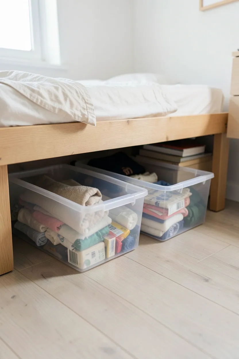 Clear plastic rolling storage bins pulled out from under a bed in a small rental bedroom, filled with folded clothes