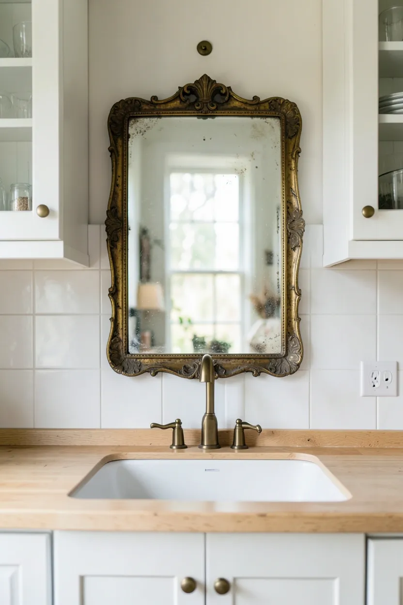 Hyper-realistic eye-level photograph of a boho kitchen with an antique mirror mounted on the backsplash. The mirror has an ornate brass frame with aged patina and slight foxing on the glass surface. The mirror is positioned above the countertop between upper cabinets. Below, light wood countertop with white farmhouse sink. White shaker cabinets with brass pulls visible. Natural light reflecting off the mirror surface. Materials: antique mirror with brass frame, light oak, white painted wood, brass. Vintage and reflective boho mood. Sharp focus on the mirror frame and aged glass details. No text, no logos, no watermarks.</p>