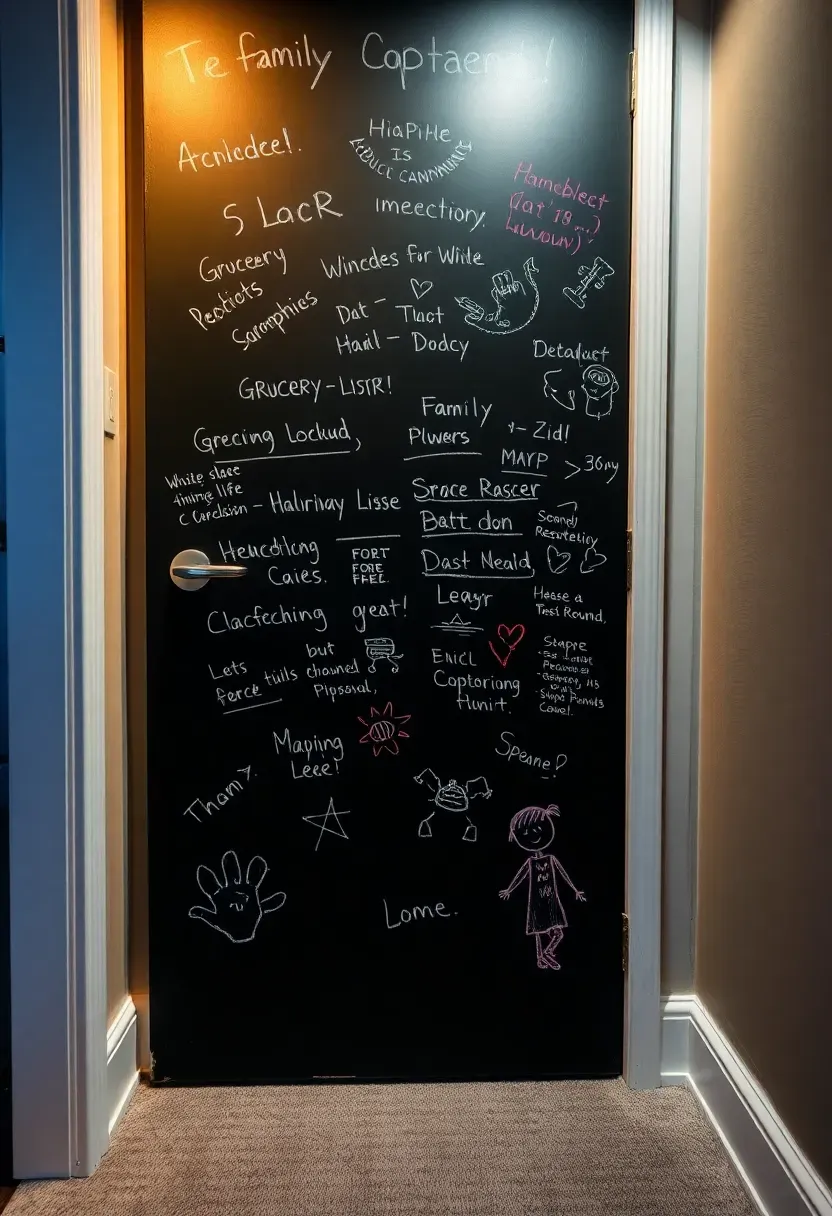 A black chalkboard-painted door covered in handwritten family notes and doodles at a basement playroom entrance