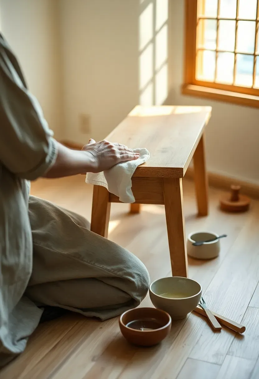 Hyper-realistic 3/4 view of o-soji mindful cleaning practice: person kneeling on light wood floor carefully polishing wooden furniture with cotton cloth, visible dust particles in shaft of sunlight, small arrangement of cleaning tools neatly organized nearby. Materials: natural wood furniture with visible grain, white cotton cleaning cloth, simple ceramic bowl for water, light wood floor with visible dust before removal. Natural window light from right creating contemplative mood and highlighting dust particles. Clean, organized space with tools arranged rather than scattered. Shallow depth of field focusing on cloth-wood contact point. No text, no logos, no watermarks.</p>