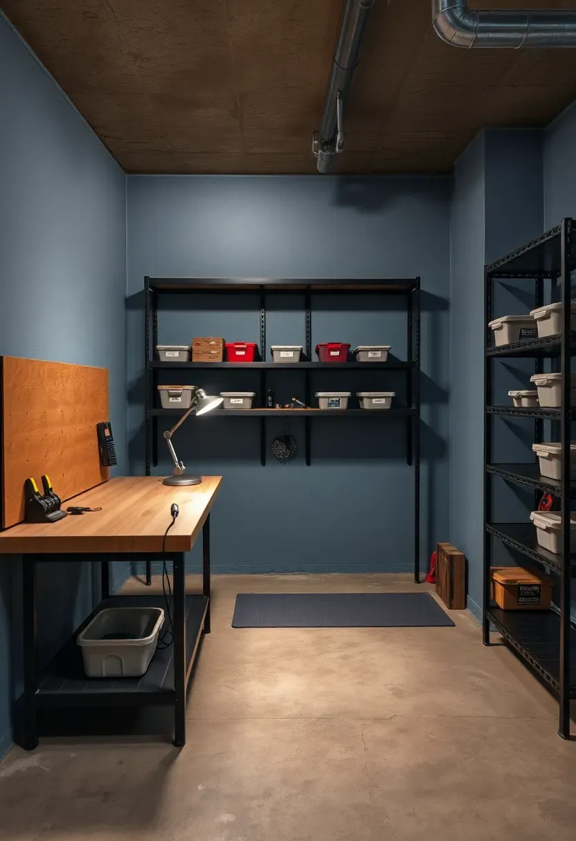 basement workspace with steel blue walls and industrial-style shelving