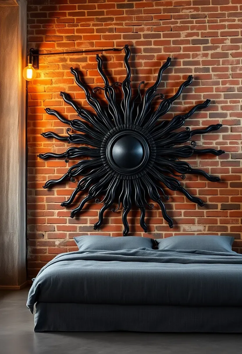 Large wrought iron sun wall sculpture with twisted metal rays mounted on an exposed brick wall in a loft bedroom