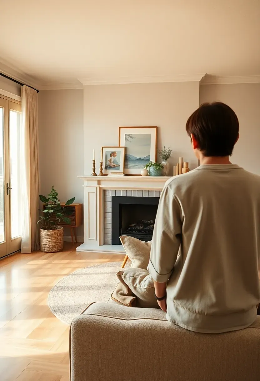 Person standing back from a fully styled fireplace mantle, viewing the complete arrangement from across the living room to assess balance and proportion