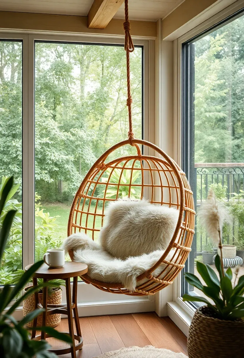 Compact sunroom with a hanging rattan egg chair suspended from a ceiling beam, a soft sheepskin draped over the seat, a small side table with a steaming mug, and leafy green view through the glass