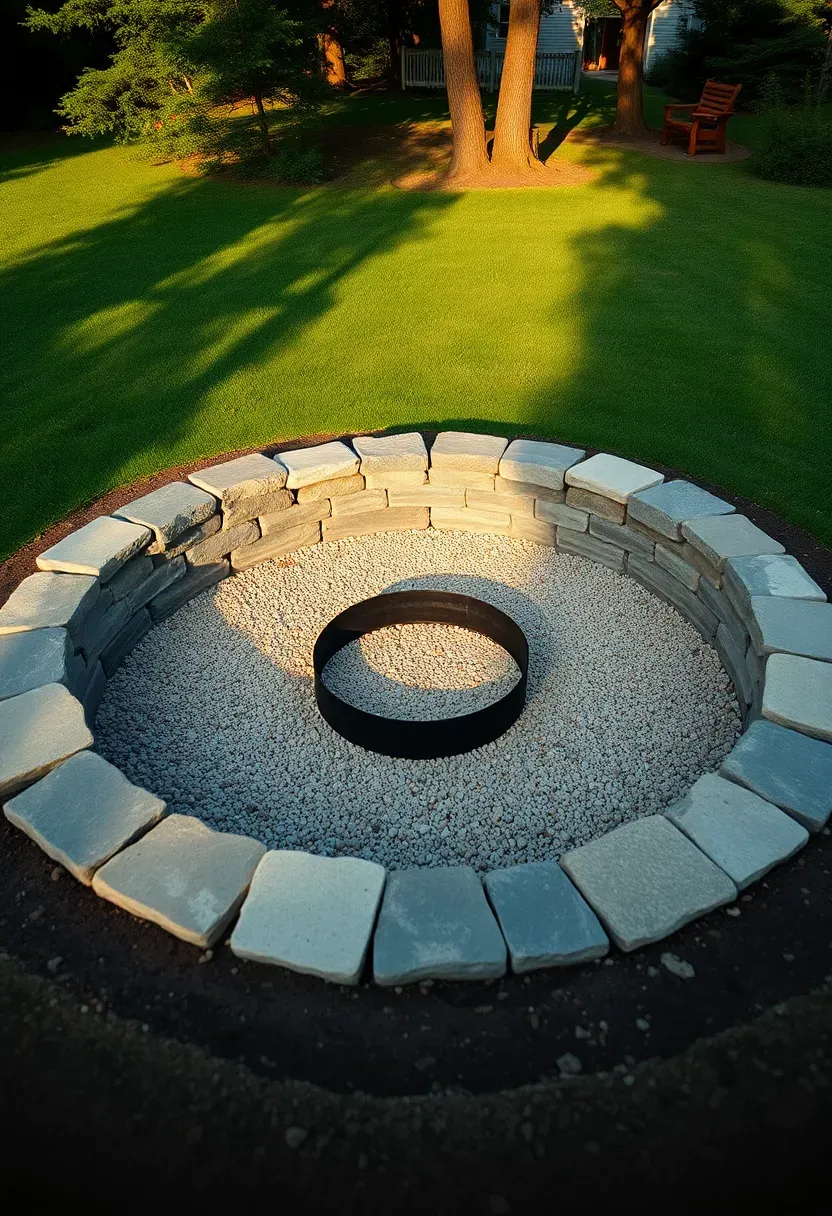 Circular sunken fire pit with flagstone surround and built-in seating cut into a sloped backyard