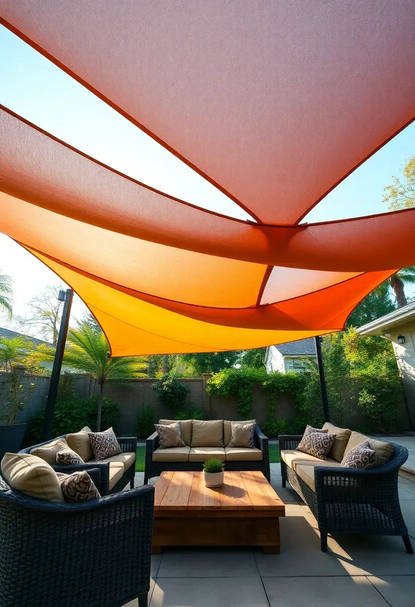 Multiple overlapping rectangle shade sails in earth tones covering a large backyard seating area with outdoor furniture
