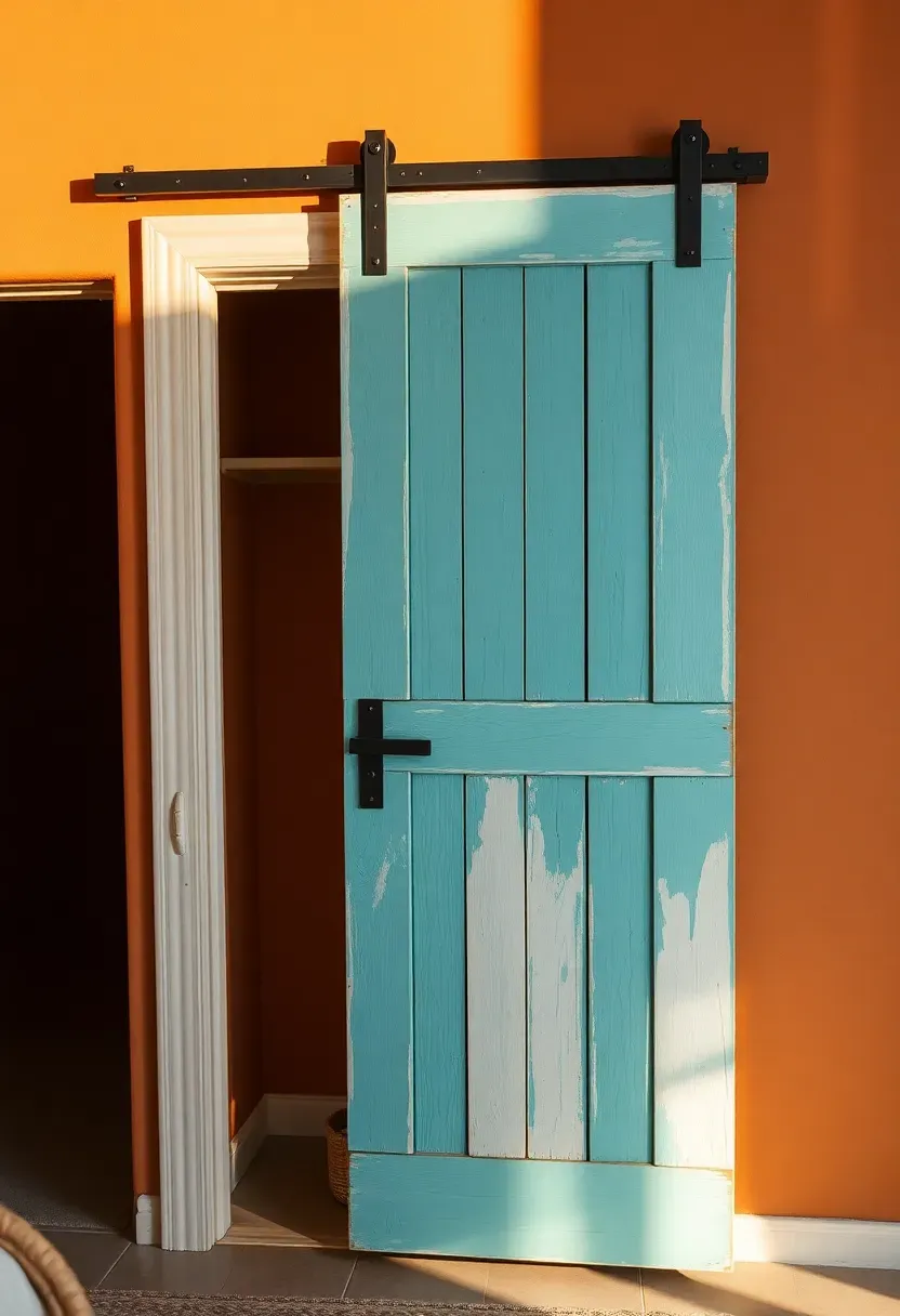 Distressed turquoise painted barn door with peeling layers showing white and wood underneath on a black track over a bedroom closet