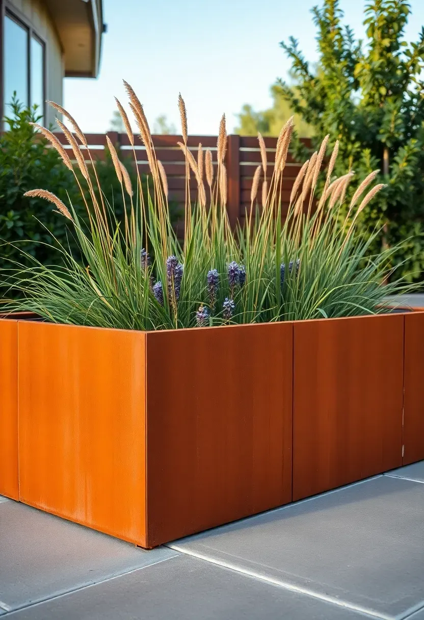 Weathered corten steel planter retaining wall with orange-brown patina containing ornamental grasses on a contemporary backyard terrace
