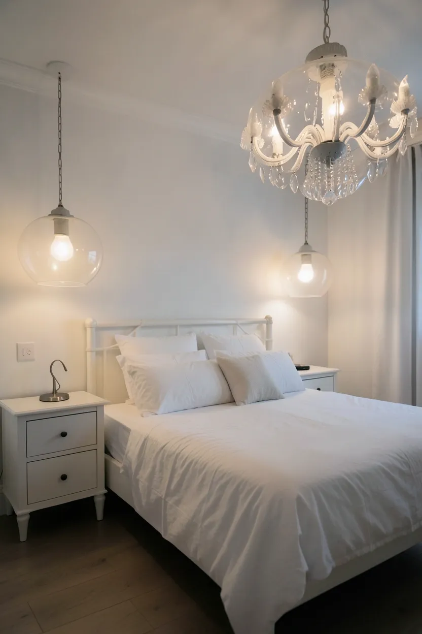 White bedroom with oversized pendant lights above each nightstand, sculptural chandelier, and dimmable wall sconces — statement lighting in a white bedroom